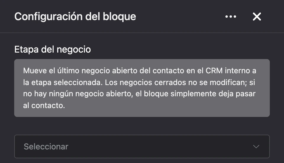 Panel de configuración del bloque «Etapa del negocio»