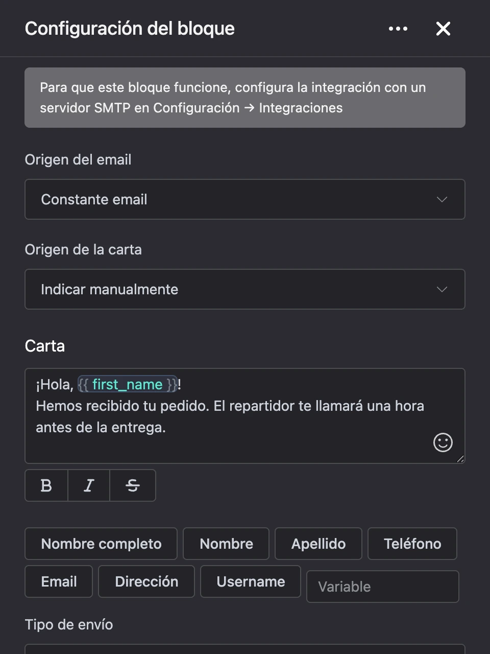 Panel de configuración del bloque «Enviar email»