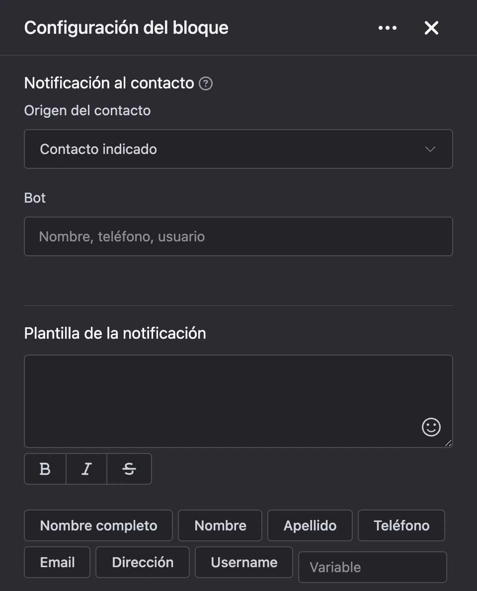 Panel de configuración del bloque «Notificación al contacto»