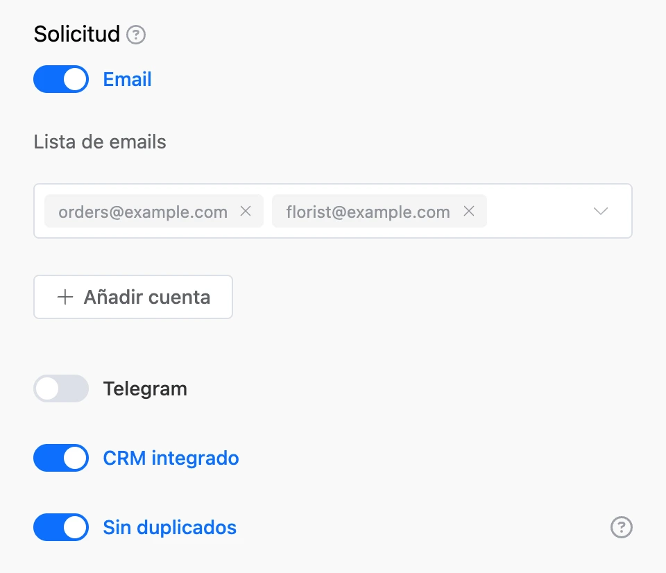 El bloque «Solicitud»: Email con dos destinatarios, CRM integrado y «Sin duplicados» activados
