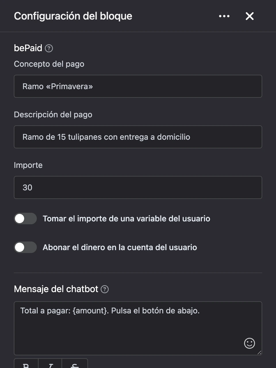 Panel de configuración del bloque «bePaid»
