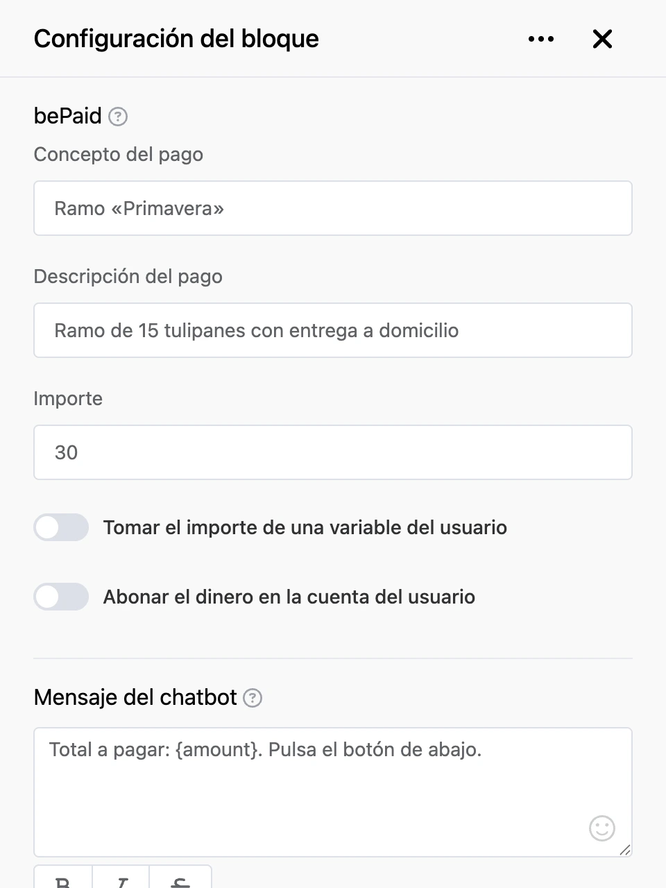 Panel de configuración del bloque «bePaid»