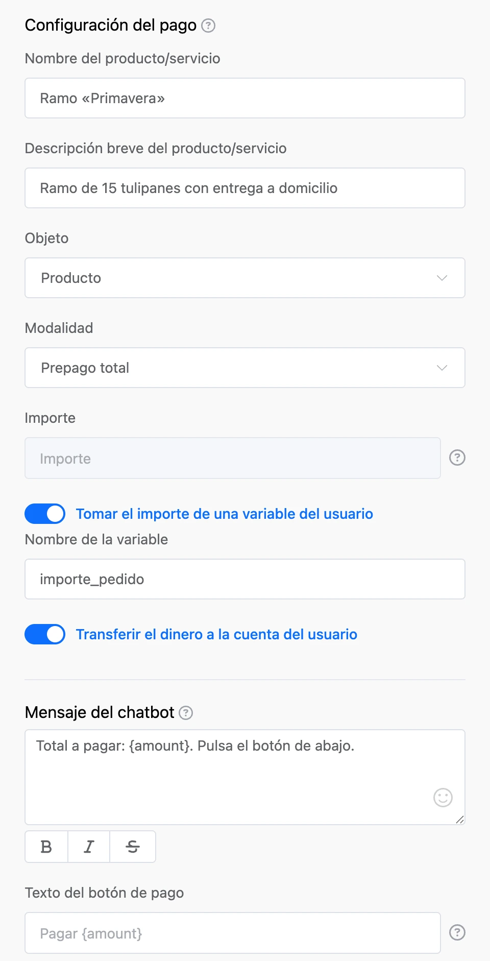 Configuración de un bloque de pago: concepto y descripción, importe desde una variable, abono en la cuenta del contacto, mensaje y botón