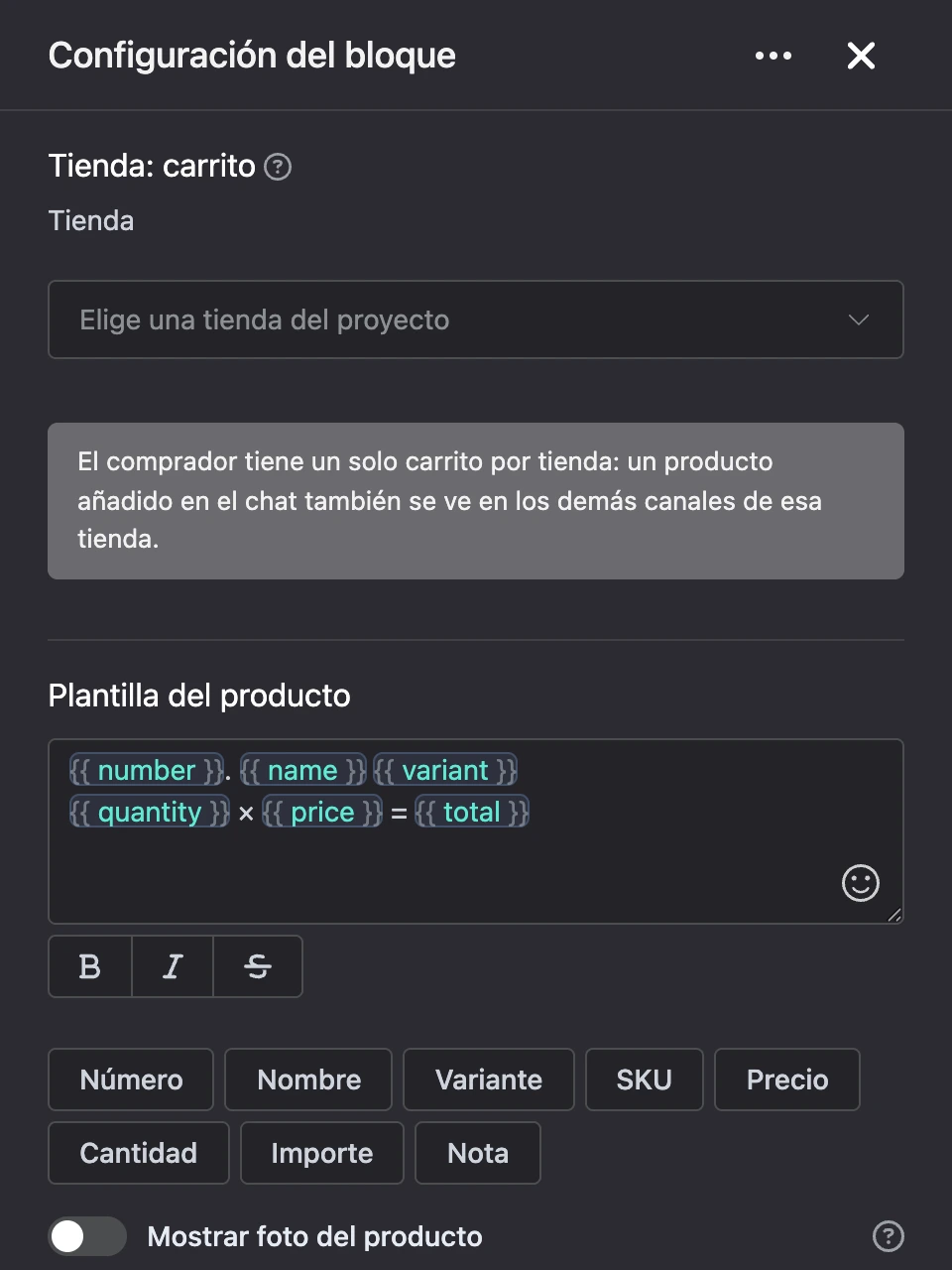 Panel de configuración del bloque «Tienda: carrito»