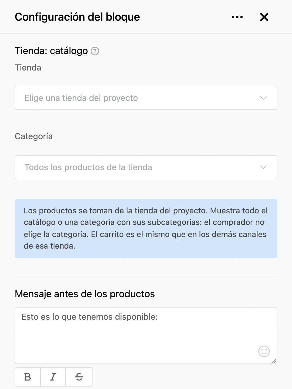 Panel de configuración del bloque «Tienda: catálogo»