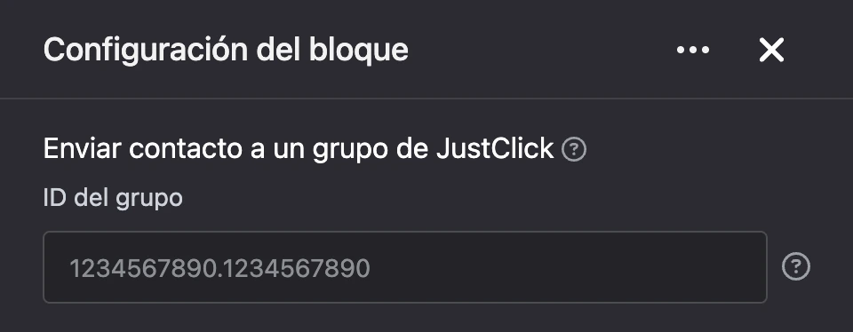 Panel de configuración del bloque «Enviar contacto a un grupo de JustClick»