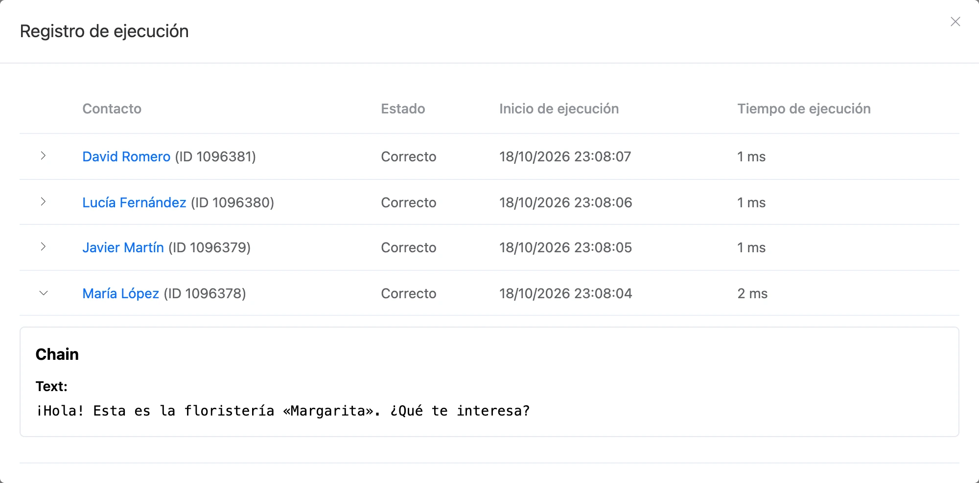 La ventana «Registro de ejecución»: contactos, estado, hora de inicio y duración, una entrada desplegada