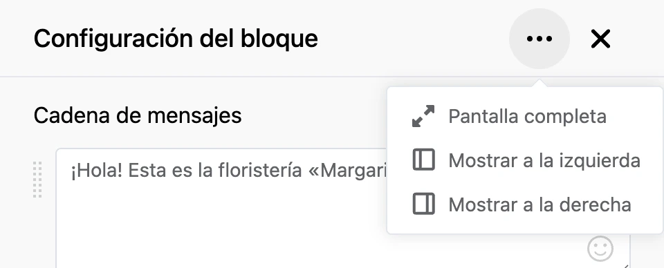 El menú «⋯» del encabezado del panel de configuración: pantalla completa, izquierda, derecha