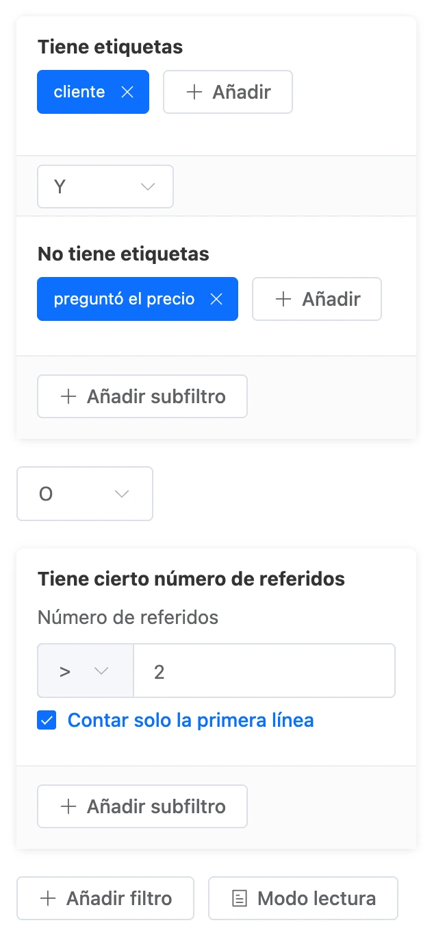Filtros en modo edición: un grupo de dos condiciones unidas con Y y un segundo grupo unido con O