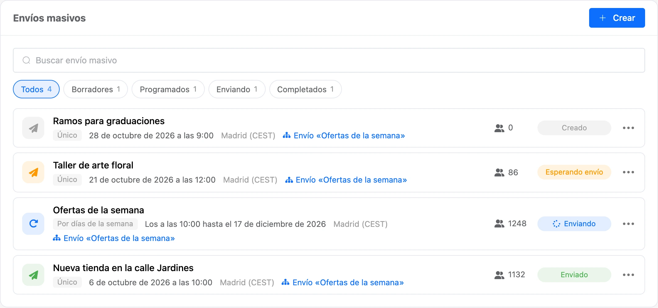 Lista de envíos masivos del bot: uno único, uno por días de la semana y uno completado