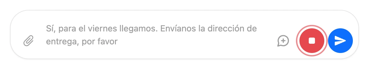 Dictado: el texto en el campo de entrada y el botón rojo «Detener dictado»
