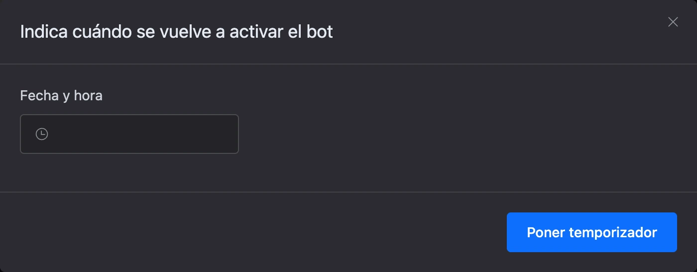 La ventana para indicar cuándo se vuelve a activar el bot, con el campo «Fecha y hora»