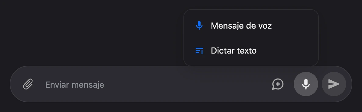 El menú del micrófono encima del campo de entrada: «Mensaje de voz» y «Dictar texto»