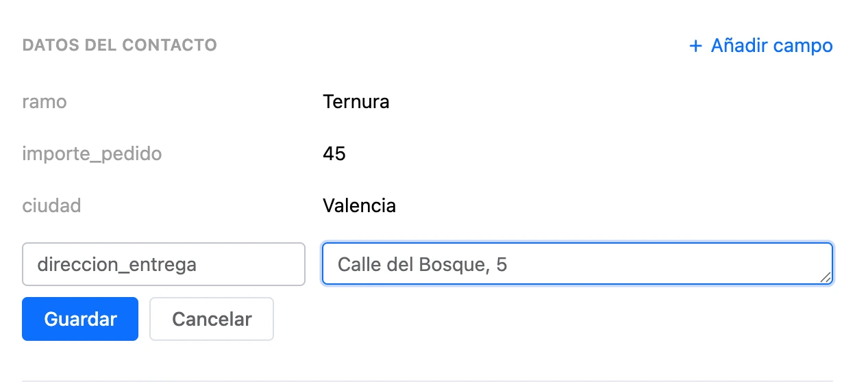 La sección «Datos del contacto»: variables y un campo nuevo con nombre y valor