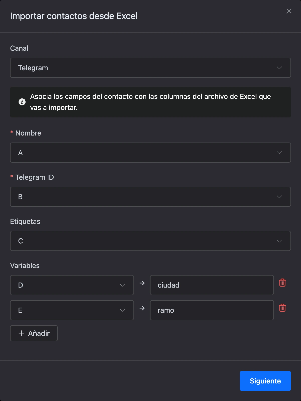 La ventana «Importar contactos desde Excel»: columnas para el nombre, el Telegram ID, las etiquetas y las variables