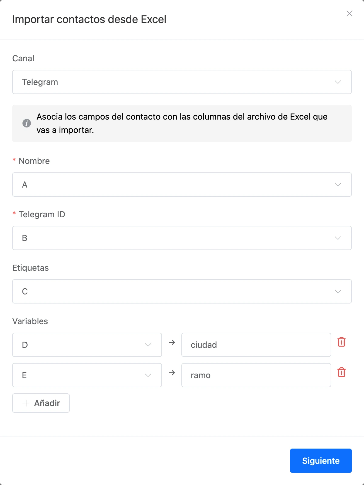 La ventana «Importar contactos desde Excel»: columnas para el nombre, el Telegram ID, las etiquetas y las variables