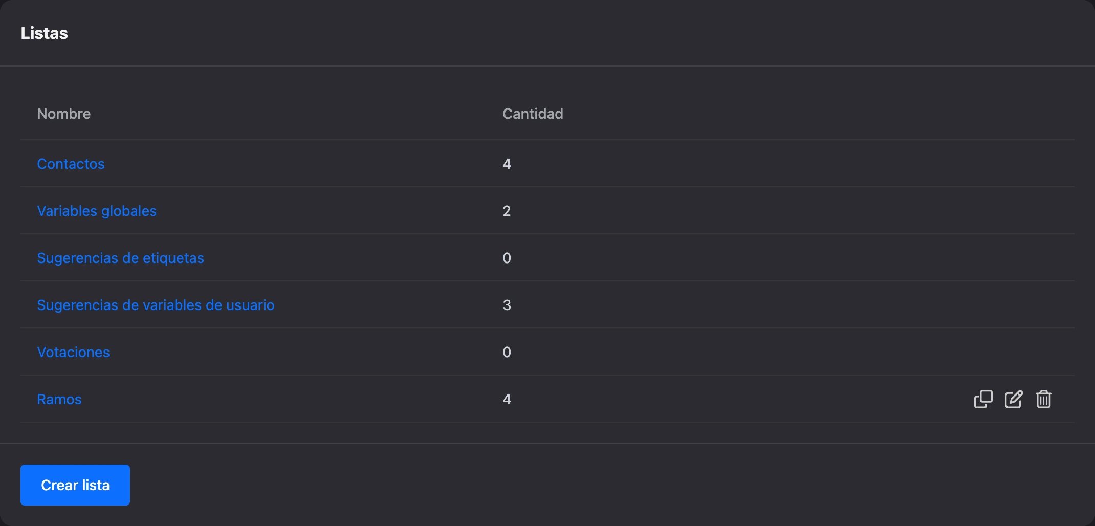 Sección Listas del menú del bot: referencias integradas y listas
