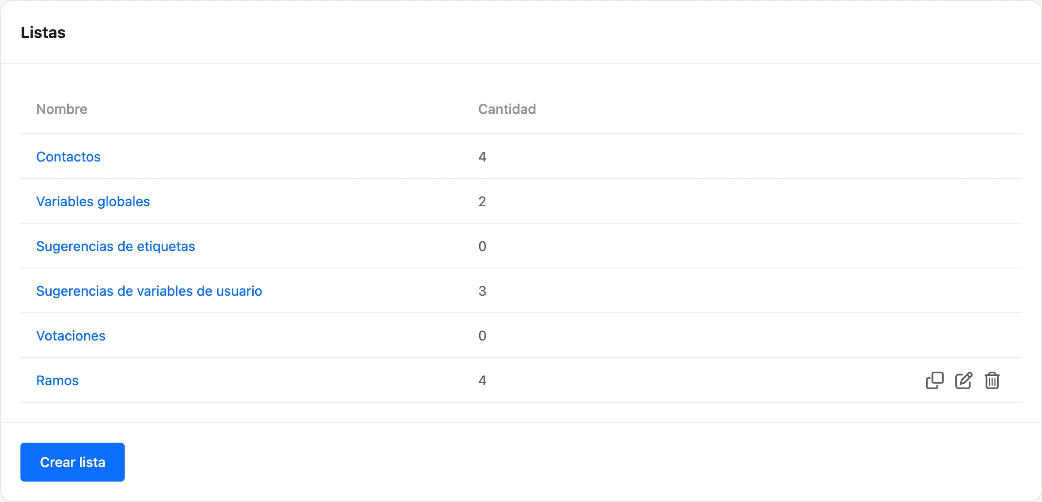Sección Listas del menú del bot: referencias integradas y listas