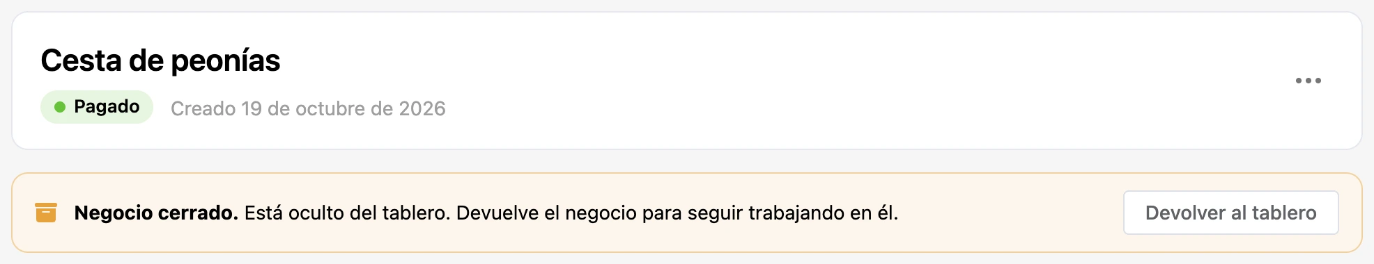 El aviso Negocio cerrado con el botón Devolver al tablero