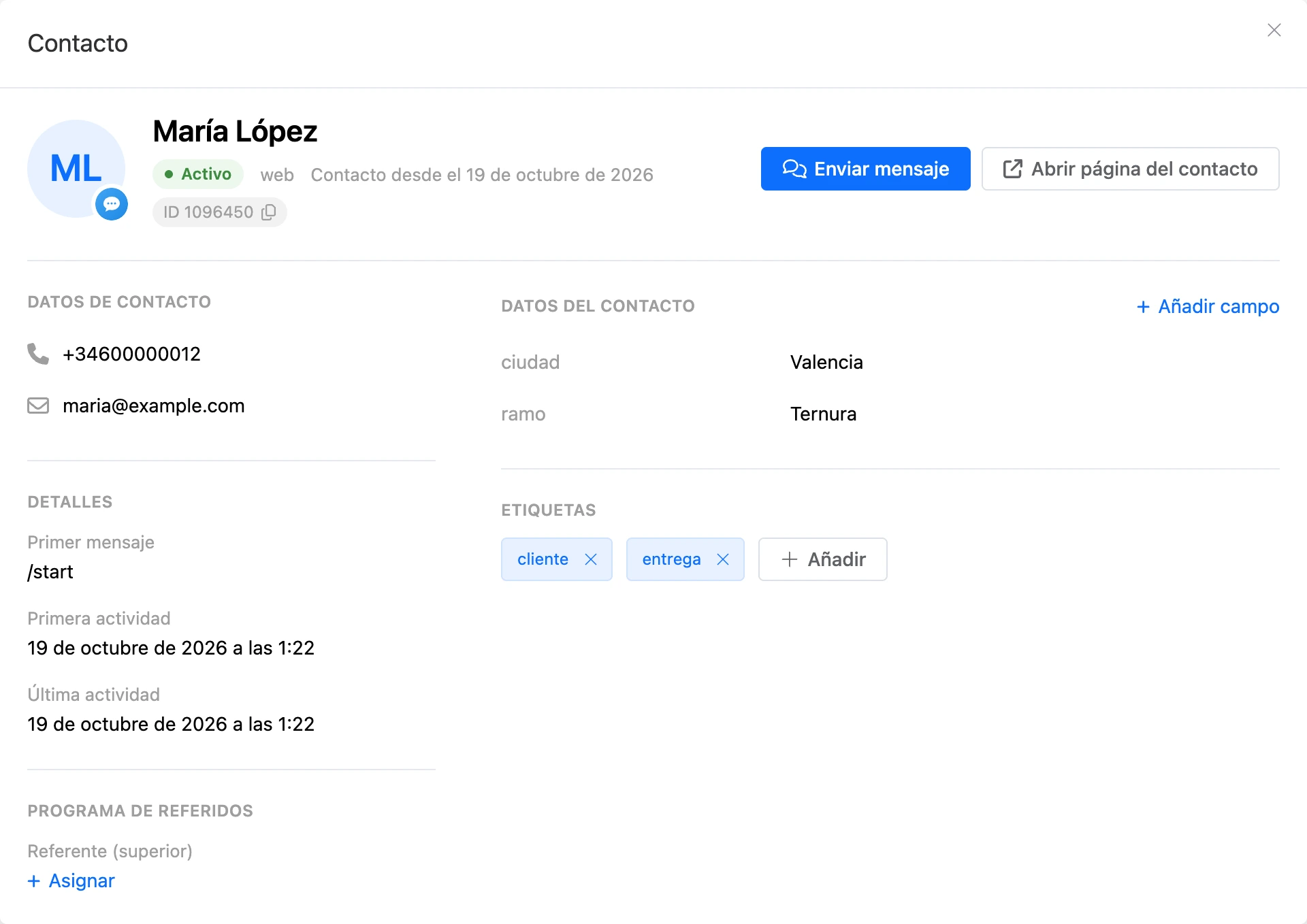 La ventana Contacto para el propietario del bot: la ficha completa del contacto