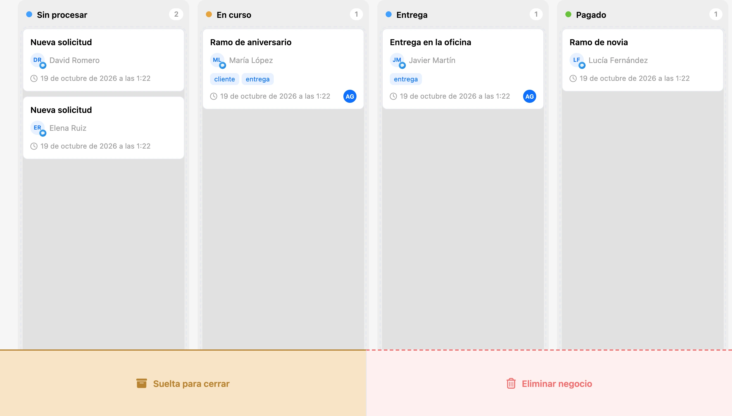 Al arrastrar, en la parte inferior del tablero aparecen las zonas Cerrar negocio y Eliminar negocio
