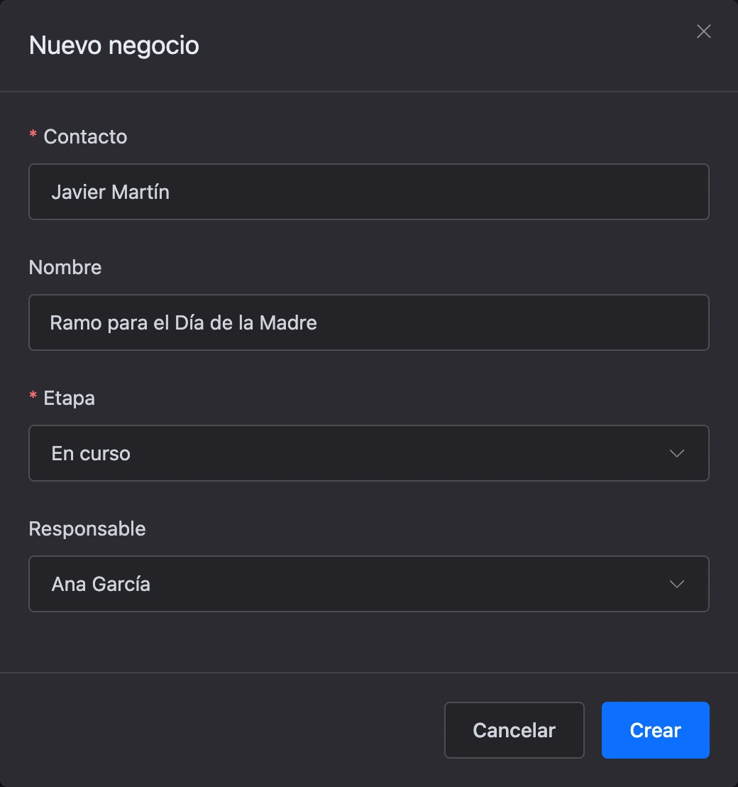 La ventana Nuevo negocio: contacto, nombre, etapa y responsable