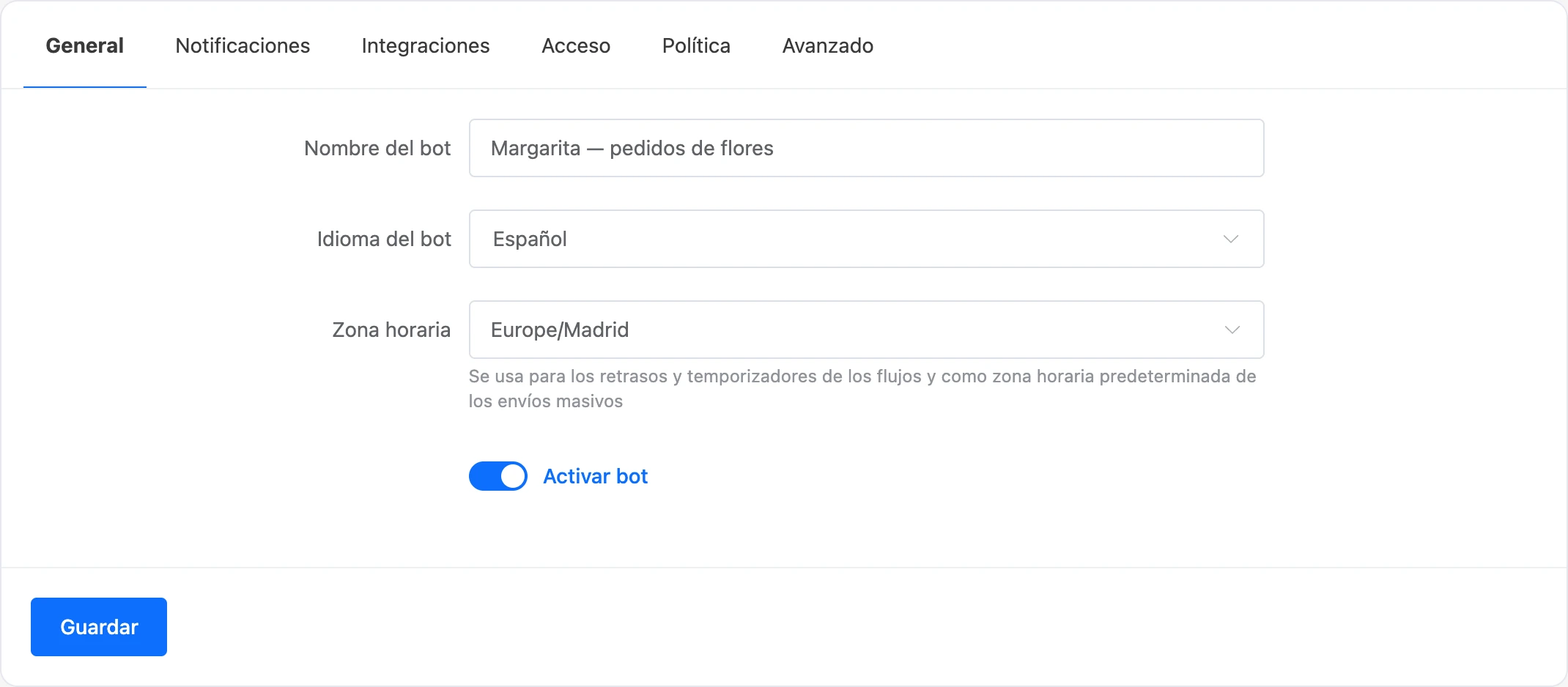 Pestaña principal de la configuración del bot