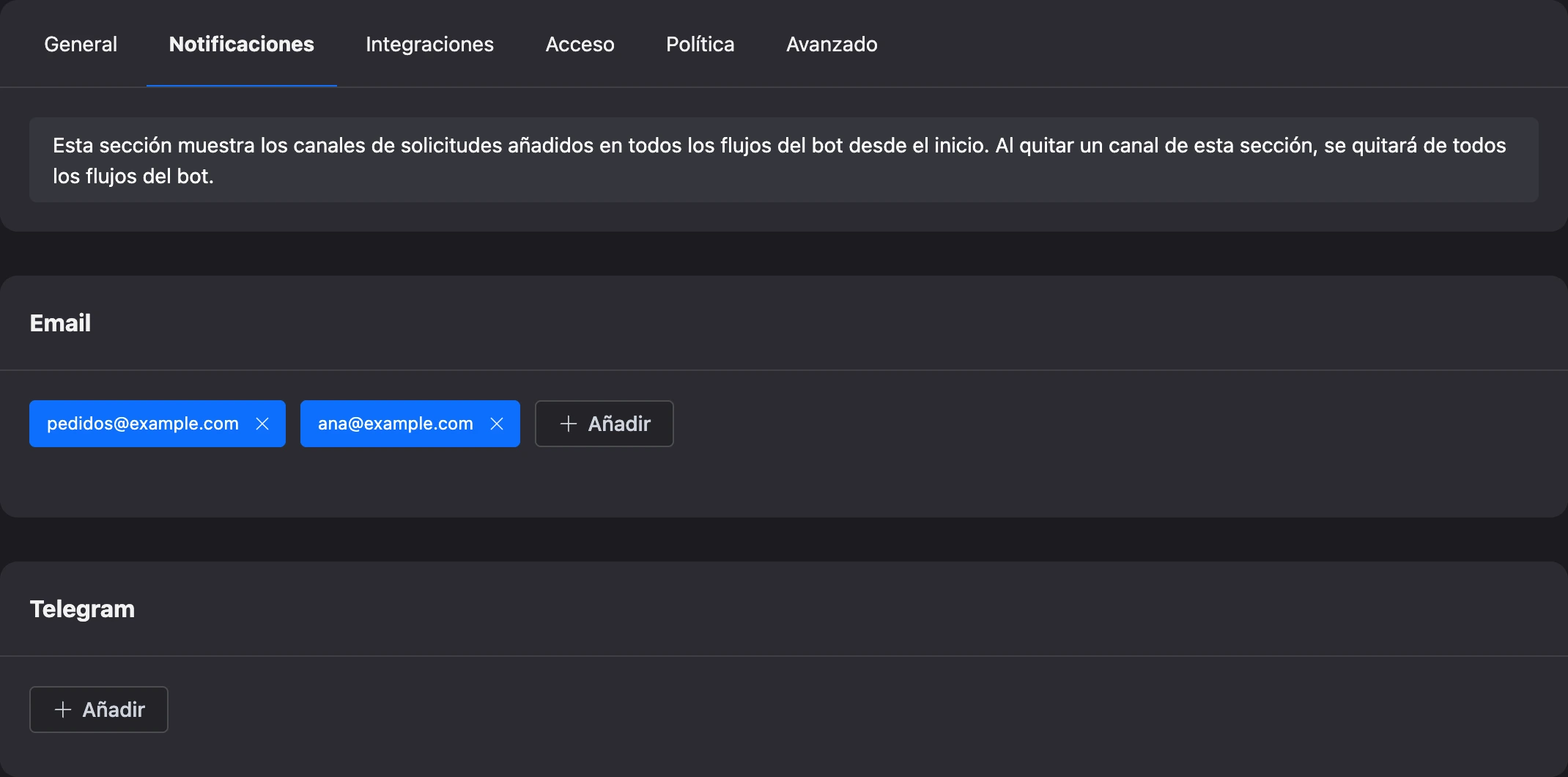 La pestaña «Notificaciones»: direcciones de email y la tarjeta de chats de apps de mensajería