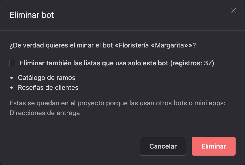 Confirmación de la eliminación de un bot
