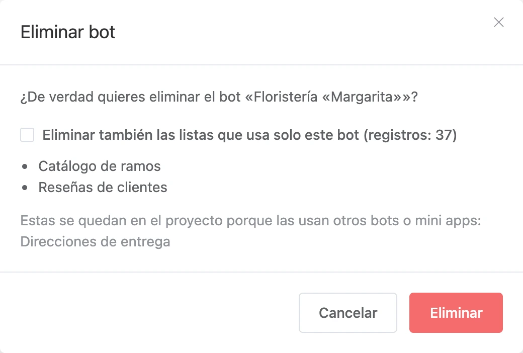 Confirmación de la eliminación de un bot