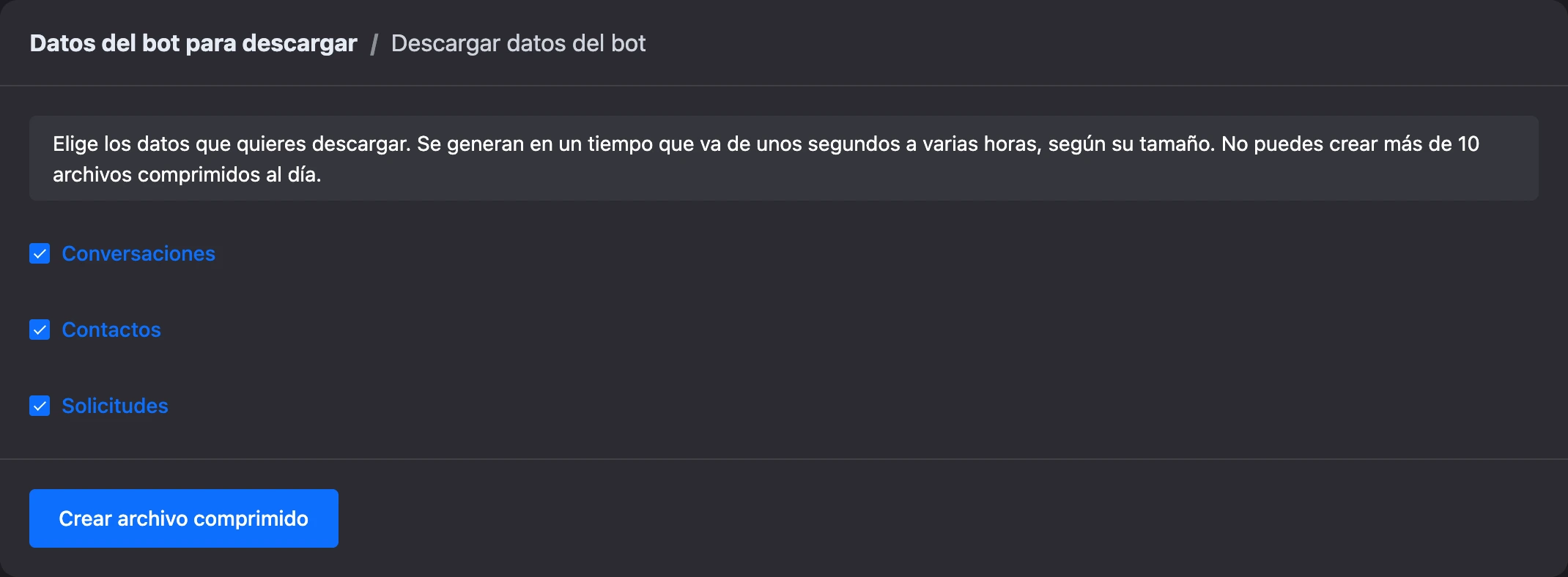Una solicitud de archivo comprimido con conversaciones, contactos y solicitudes marcados