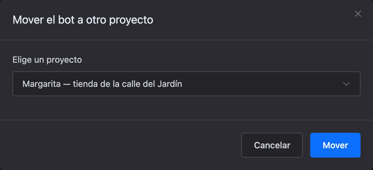La ventana «Mover el bot a otro proyecto» con un proyecto elegido