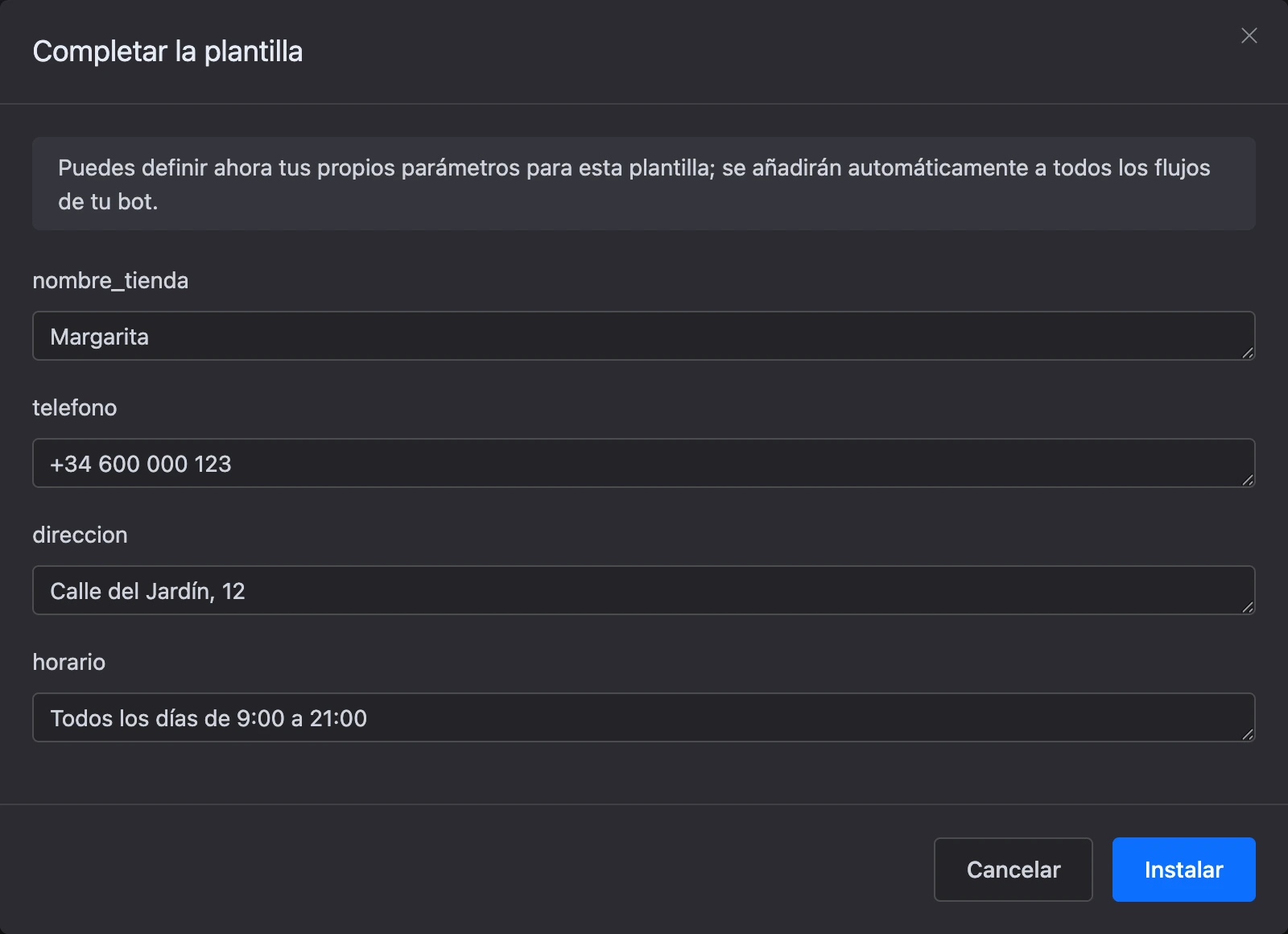 La ventana «Completar la plantilla» con tus propios valores