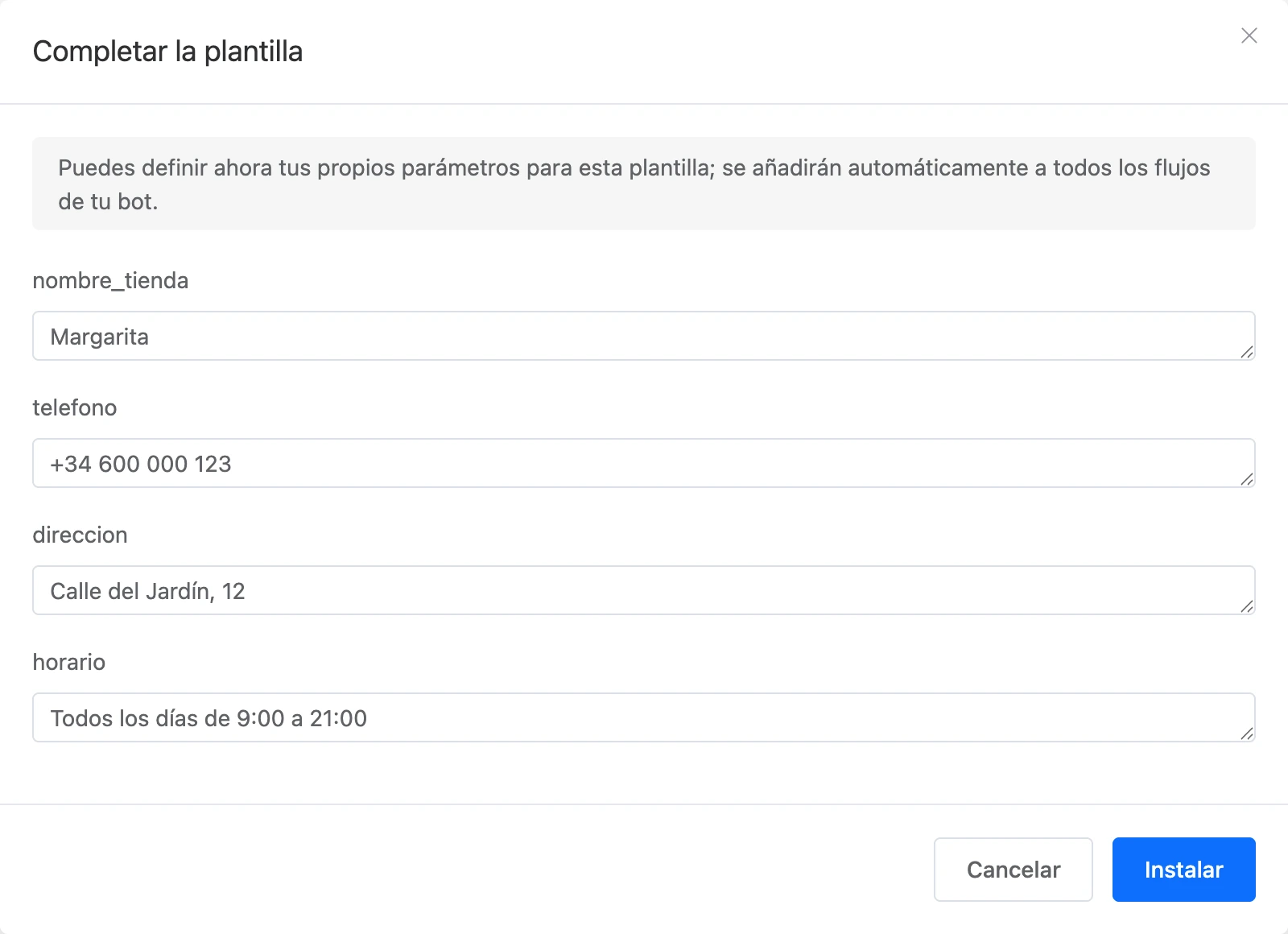 La ventana «Completar la plantilla» con tus propios valores