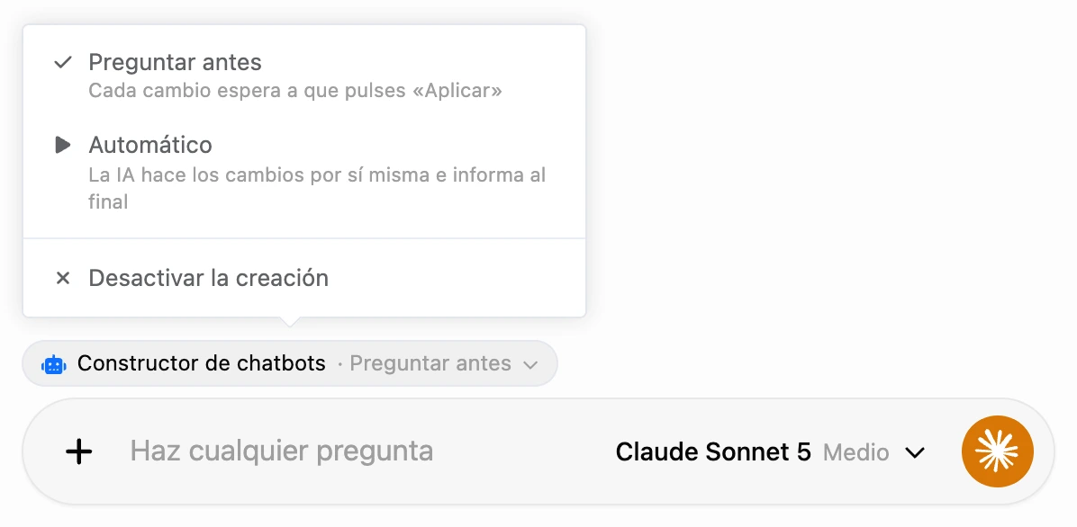 La etiqueta «Constructor de chatbots» sobre el campo de mensaje y su menú de modos