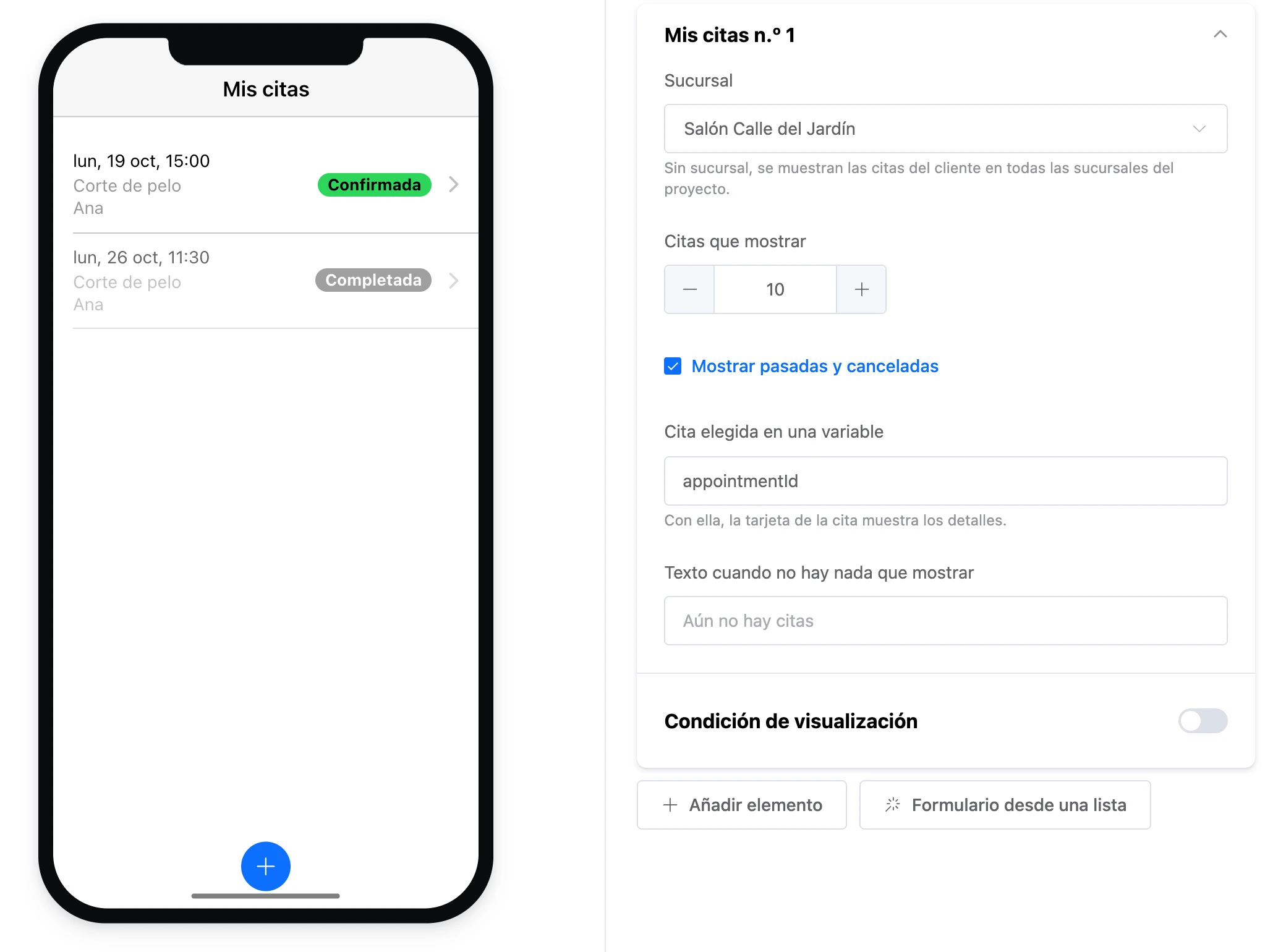 El elemento «Mis citas»: citas de ejemplo y la configuración del elemento
