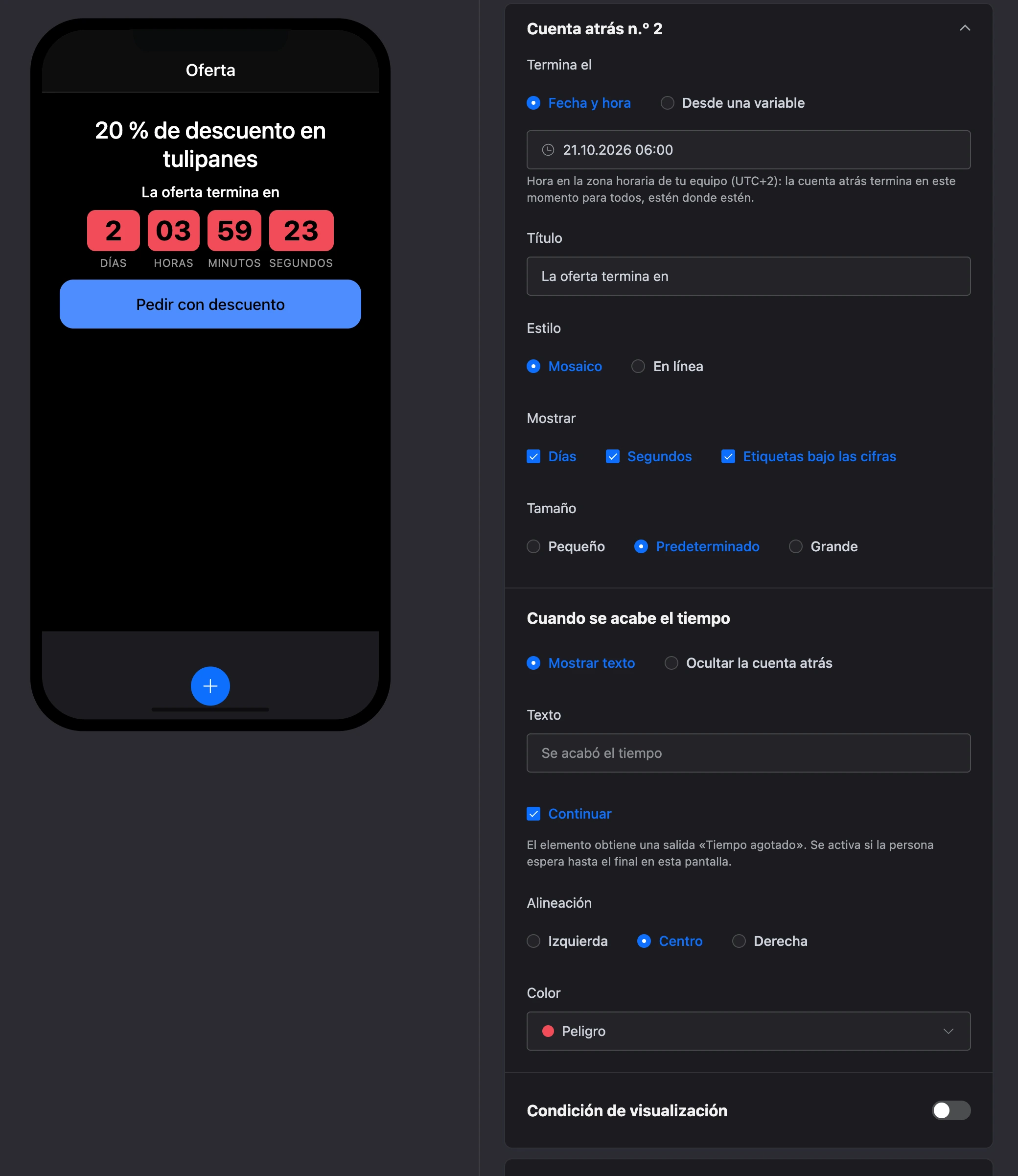 El elemento «Cuenta atrás»: mosaicos con días, horas, minutos y segundos, y la configuración del elemento
