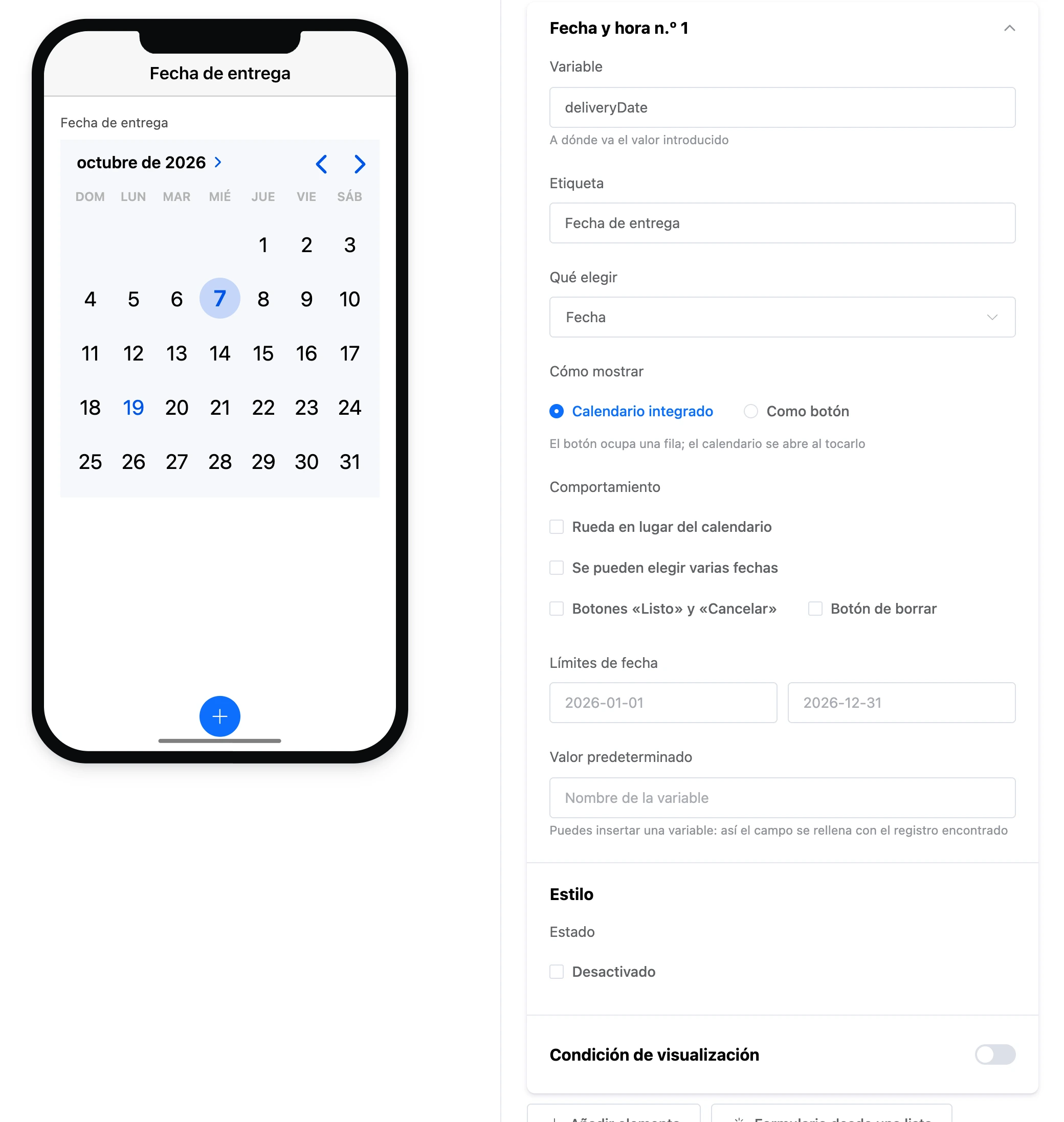 El elemento «Fecha y hora»: un calendario en la pantalla y la configuración del elemento