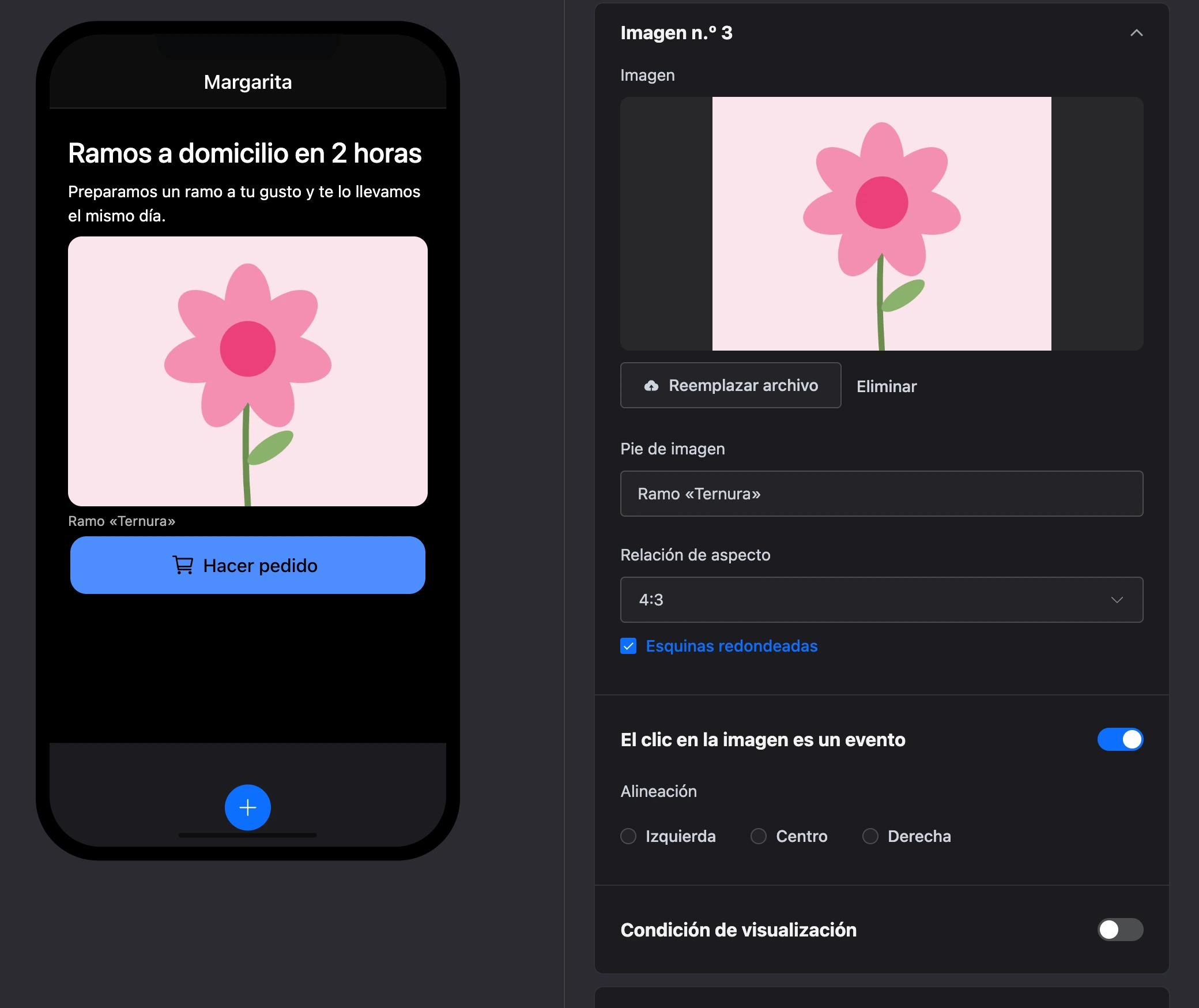 El elemento «Imagen»: una imagen con pie en la pantalla y su configuración