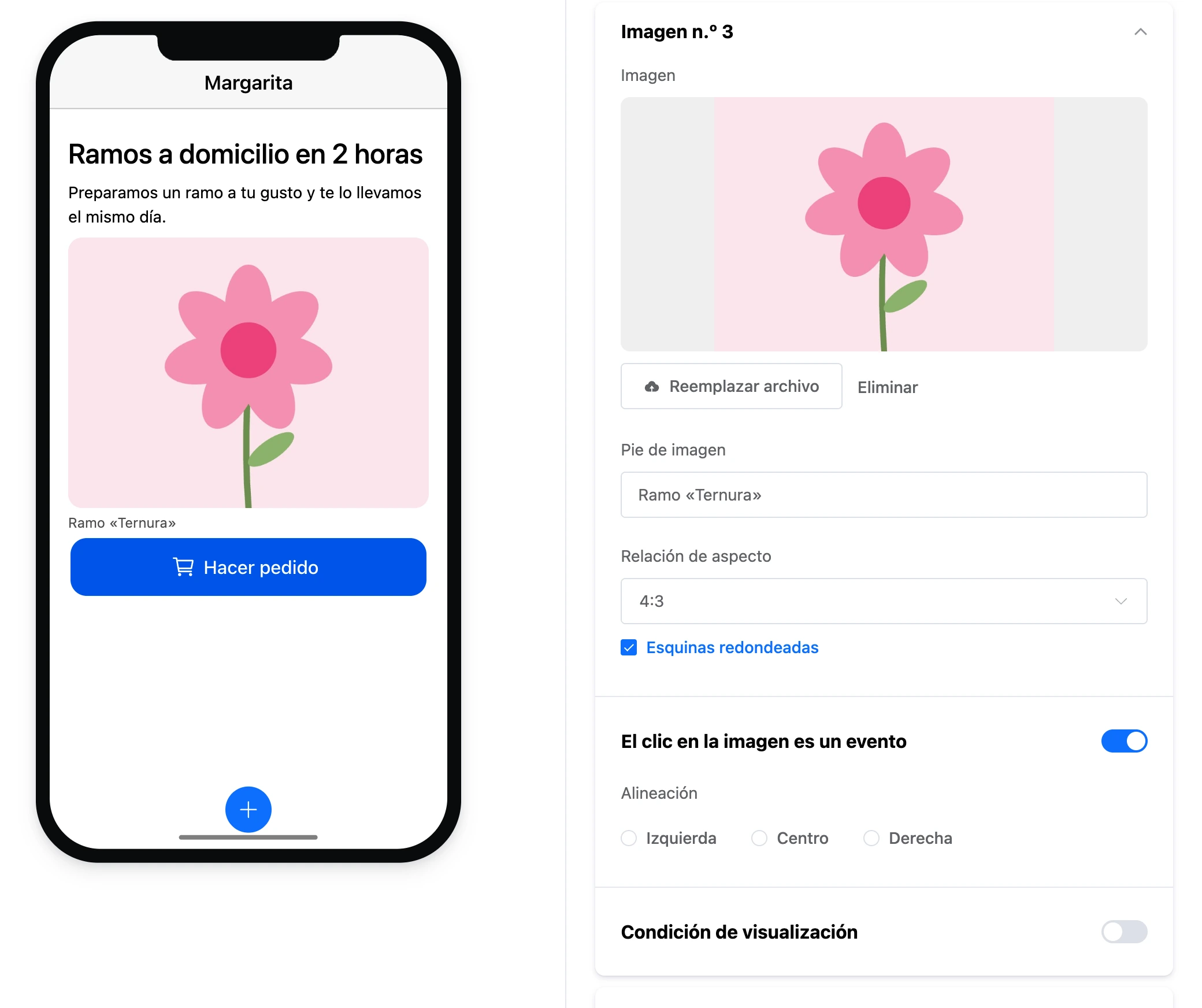 El elemento «Imagen»: una imagen con pie en la pantalla y su configuración