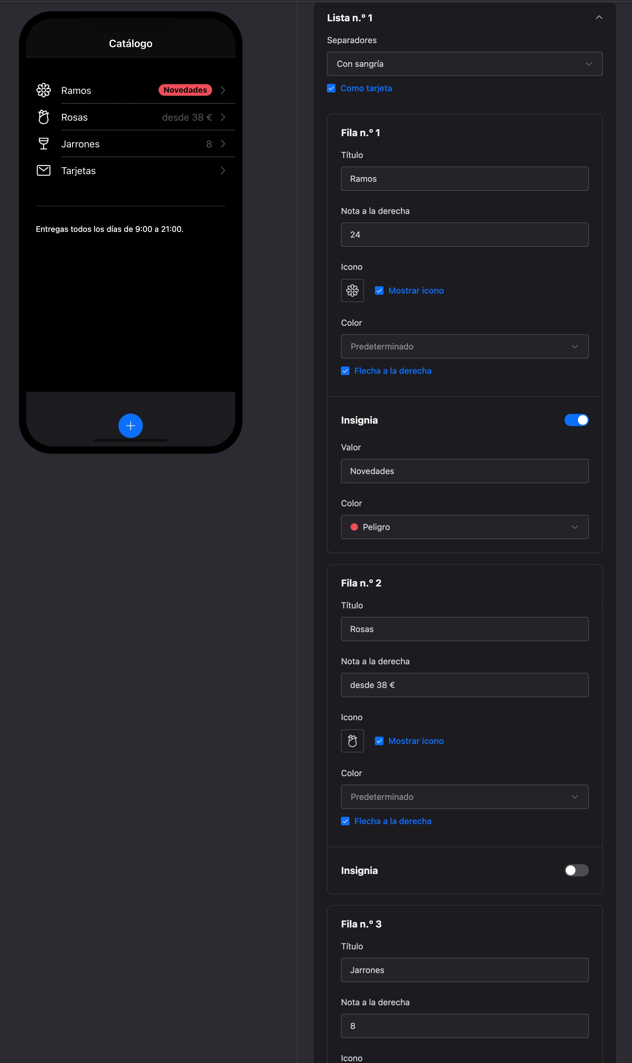El elemento «Lista»: filas con iconos, notas a la derecha y una insignia, y la configuración del elemento