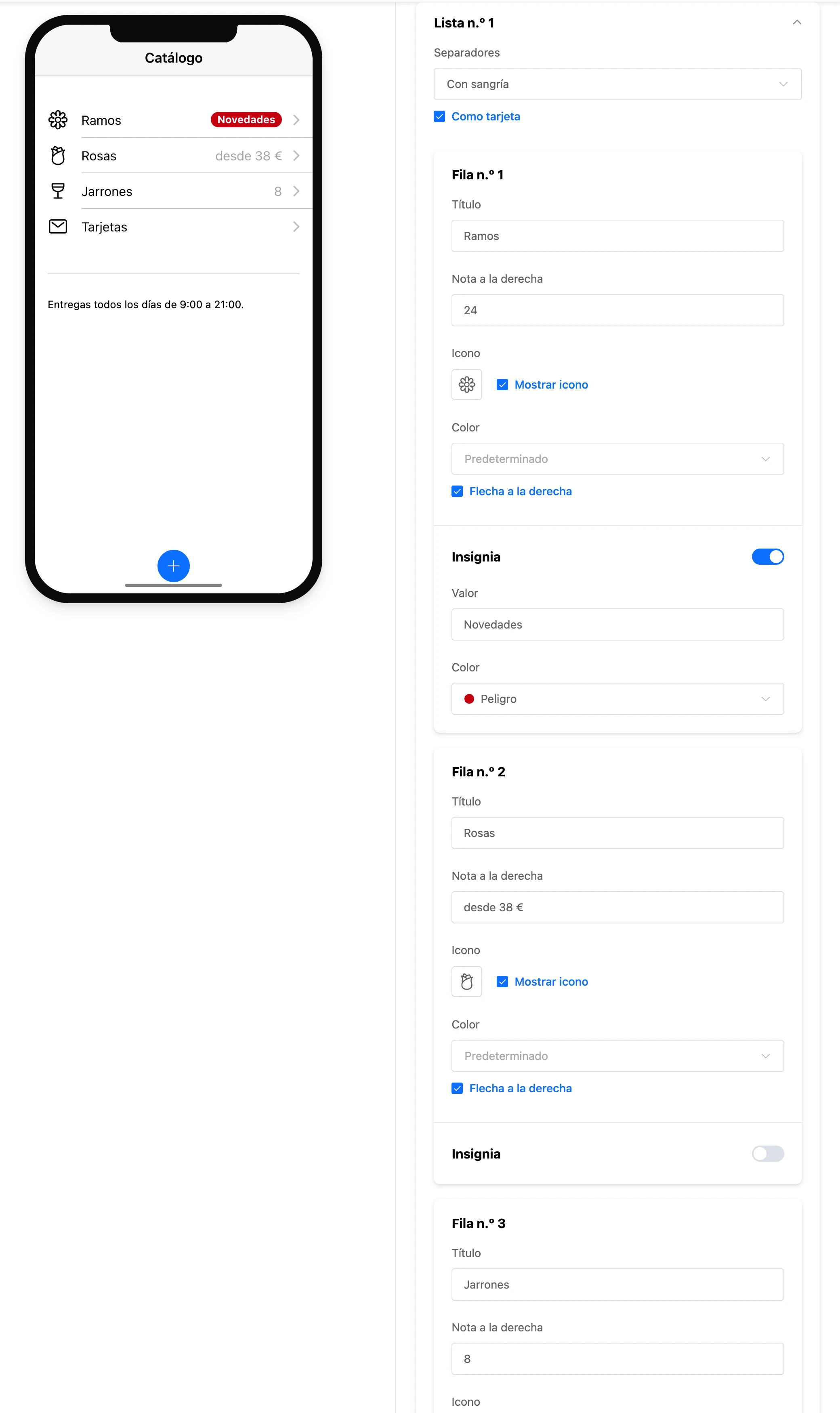El elemento «Lista»: filas con iconos, notas a la derecha y una insignia, y la configuración del elemento