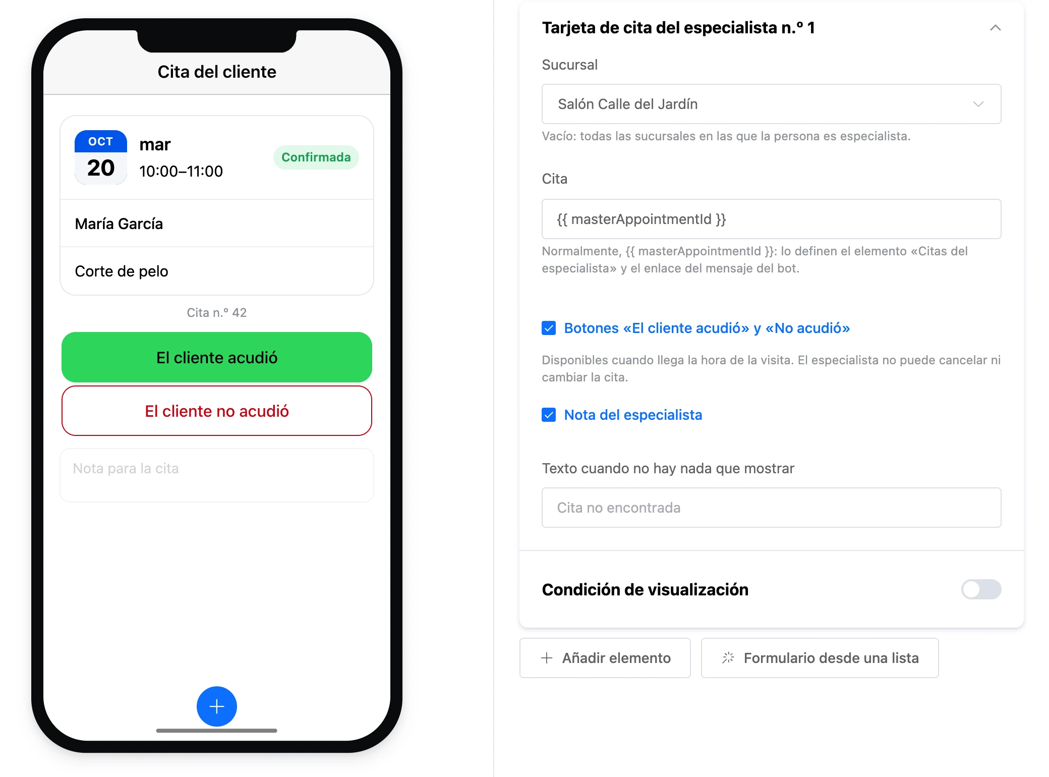 El elemento «Tarjeta de cita del especialista»: la cita de un cliente, botones de marca y una nota, y la configuración del elemento