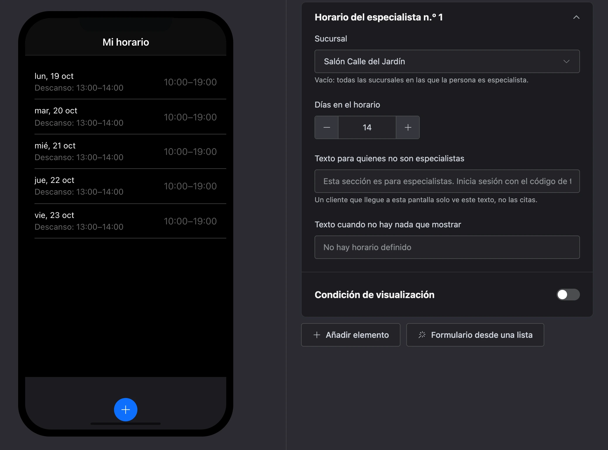 El elemento «Horario del especialista»: horas de trabajo por día y la configuración del elemento