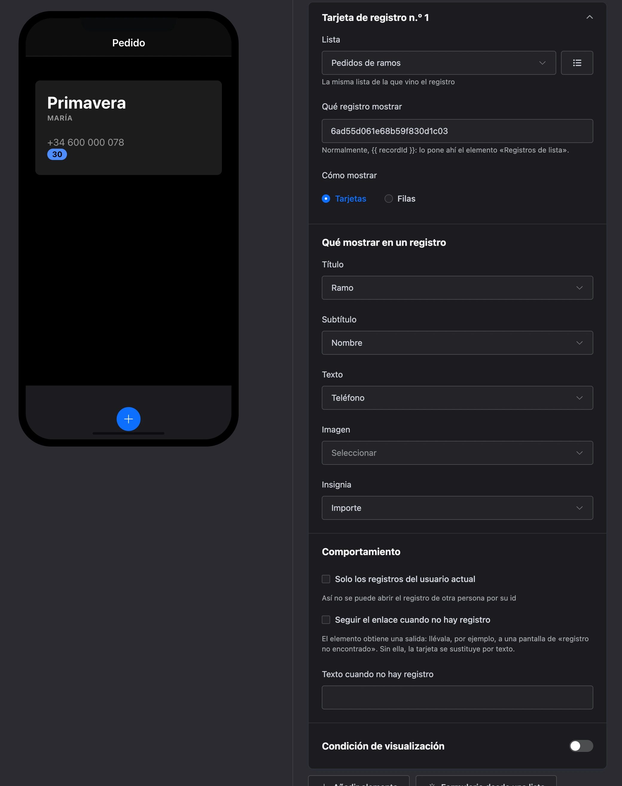 El elemento «Tarjeta de registro»: un pedido en la pantalla y la configuración del elemento