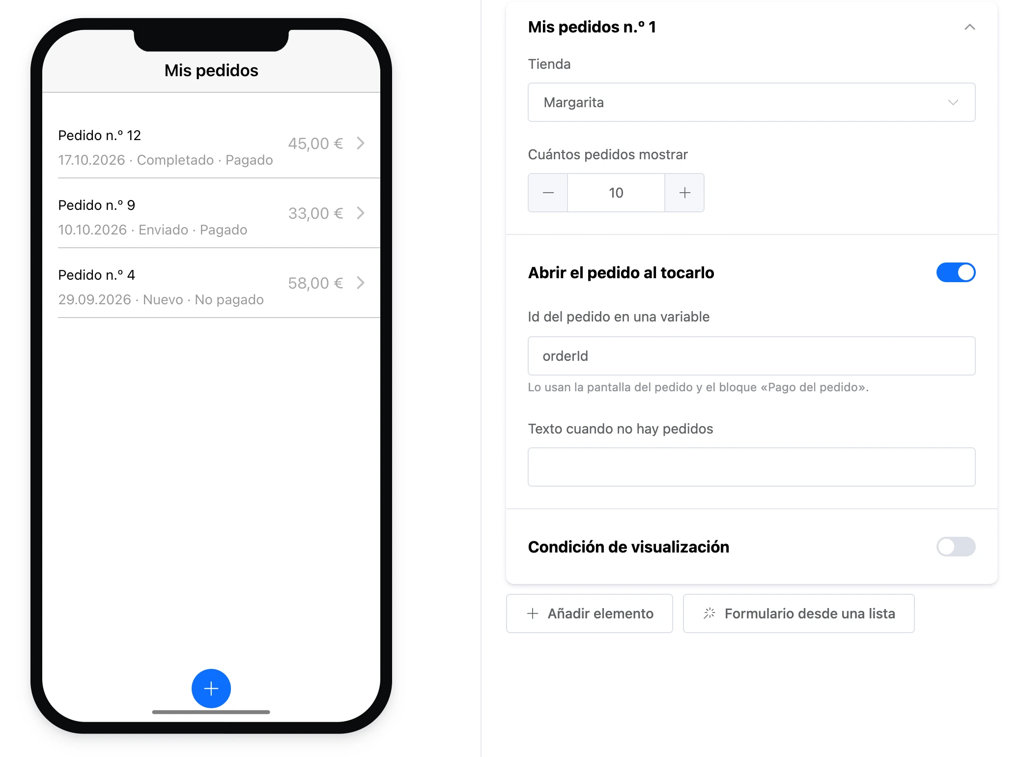 El elemento «Mis pedidos»: los pedidos del cliente y la configuración del elemento