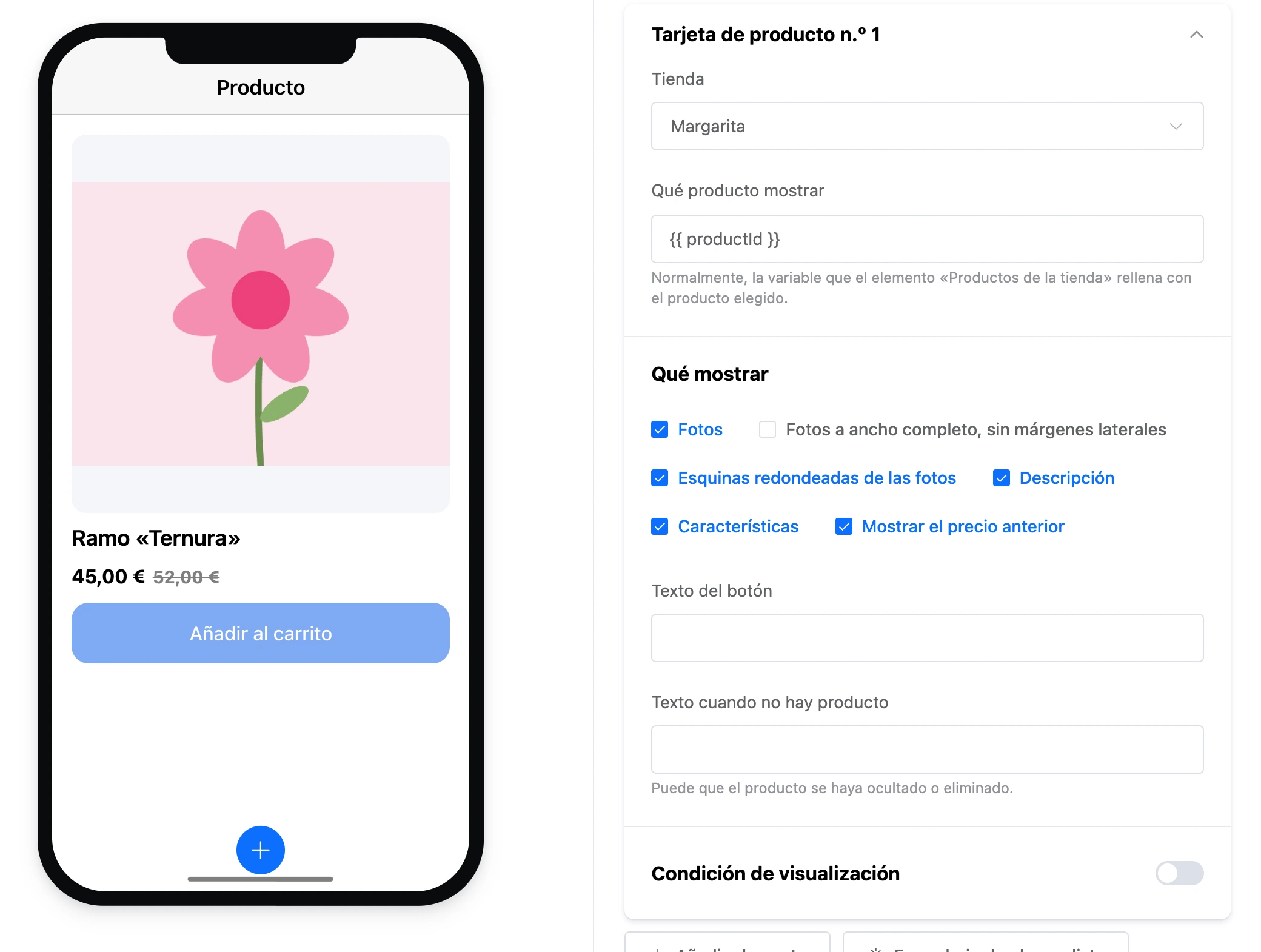 El elemento «Tarjeta de producto»: fotos, precio y el botón «Añadir al carrito», y la configuración del elemento