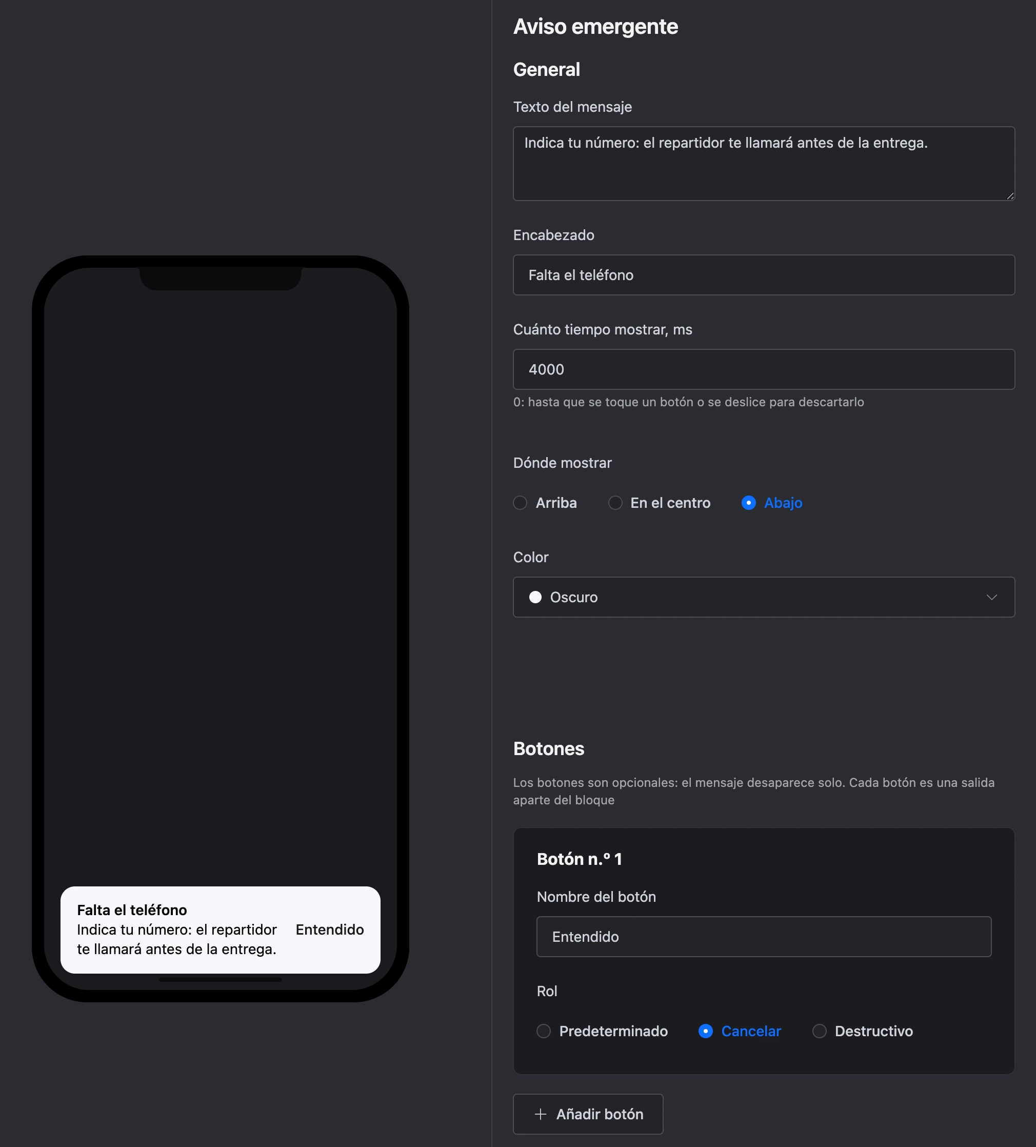 El bloque Aviso emergente: la barra en la parte inferior de la pantalla y su configuración