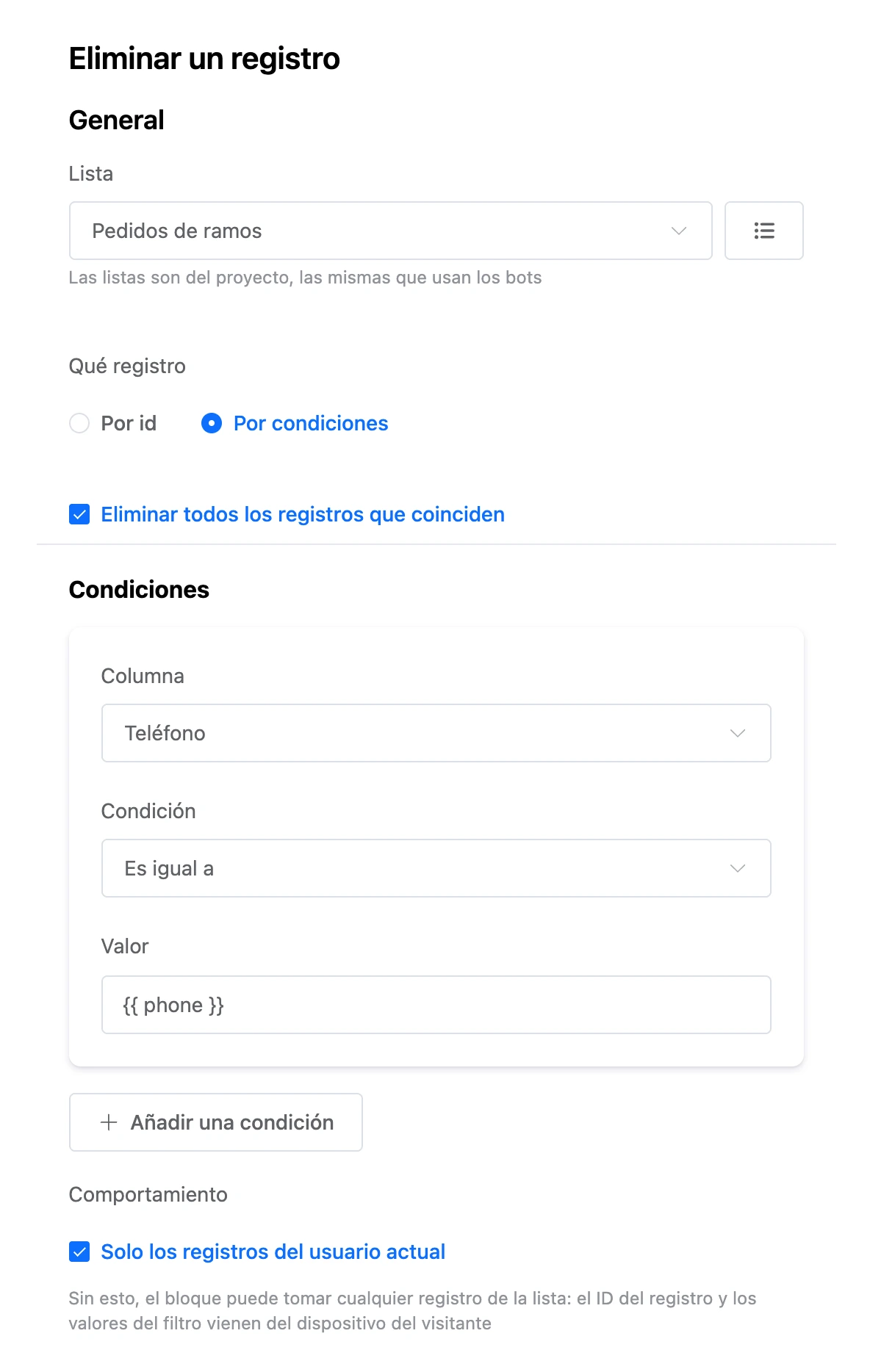 Bloque Eliminar un registro: eliminar todos los registros que coinciden con una condición sobre la columna Teléfono