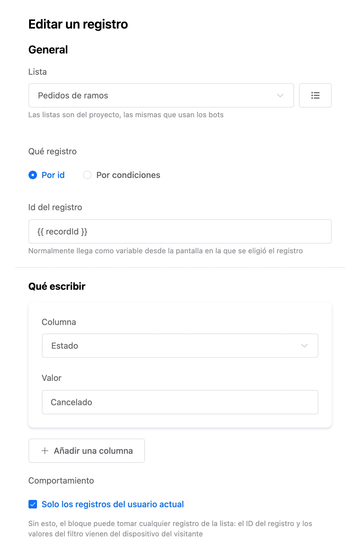 Bloque Editar un registro: un registro por id, la columna Estado y un valor